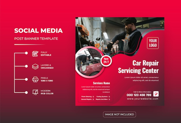 Vector centro de servicios de reparación de automóviles y automóviles banner promocional publicación en redes sociales o plantilla de volante cuadrado