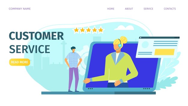 Centro de soporte de llamadas de servicio al cliente por operador telefónico en auriculares en línea en vector de aterrizaje de computadora