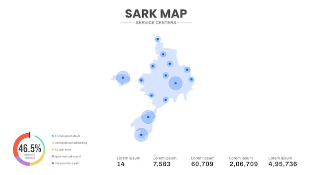 Los centros de servicio se destacan dentro del mapa de la infografía de Sark