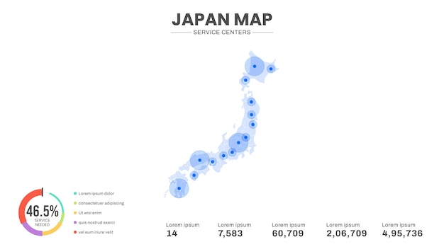 Los centros de servicio se destacan en el mapa infográfico de Japón