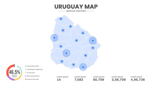 Los centros de servicio se destacan en el mapa infográfico de Uruguay