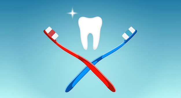 Cepíllese los dientes, concepto dental. Icono, pintograma de un diente humano y dos cepillos de dientes rojos y azules en un patrón entrecruzado sobre un fondo degradado azul. Copie el espacio. ilustración vectorial