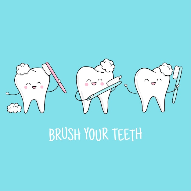 Cepíllese los dientes. Conjunto de lindos dientes con cepillo de dientes, pasta de dientes en estilo de dibujos animados sobre fondo azul.