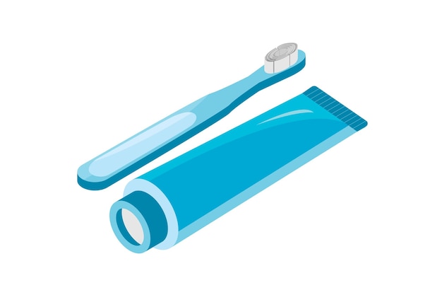 Un cepillo de dientes azul y pasta de dientes sobre un fondo blanco.
