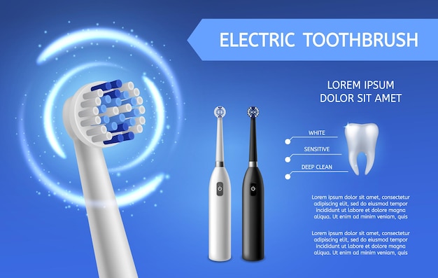 Cepillo de dientes eléctrico. limpieza de dientes frescos con folletos de promoción de productos de cepillos de dientes eléctricos en blanco o negro. fondo de vector de higiene bucal y cuidado dental con espacio de copia