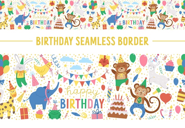 Cepillo de patrones sin fisuras horizontales de vector con elementos de feliz cumpleaños. Fondo de repetición de la fiesta de aniversario tradicional. Diseño de vacaciones de borde divertido para pancartas, carteles, invitaciones.