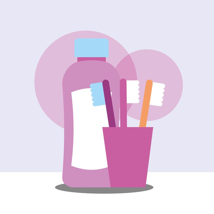 Vector cepillos de dientes y botella de champú de plástico baño