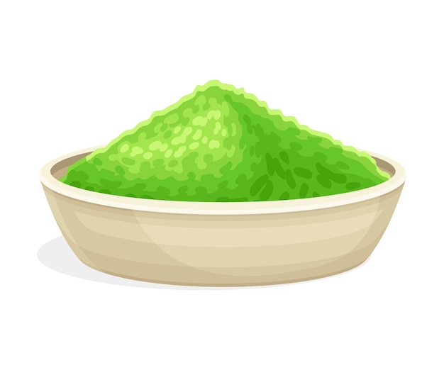 Ceramic bowl of spirulina powder Healthy organic dietary supplement vector illustration