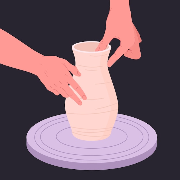 Cerámica hecha a mano Manos de alfarero modelando jarrón de arcilla Trabajo de artista con rueda de alfareros Ilustración vectorial plana Cerámica de arcilla de dibujos animados
