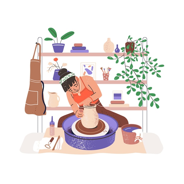El ceramista crea artículos de arcilla en la rueda de cerámica El alfarero trabaja en el taller La mujer joven va a la artesanía dando forma a la olla de cerámica Hacer artículos de argila Creación de vajilla Ilustración vectorial aislada plana en blanco