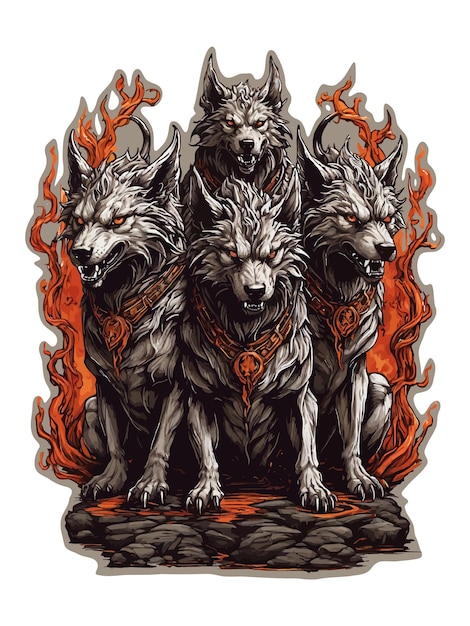 Cerberus con ilustración vectorial de raíz y fuego para pegatinas de camiseta y otros