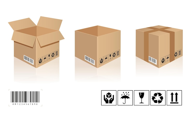 Vector cerca de una caja de cartón sobre fondo blanco.