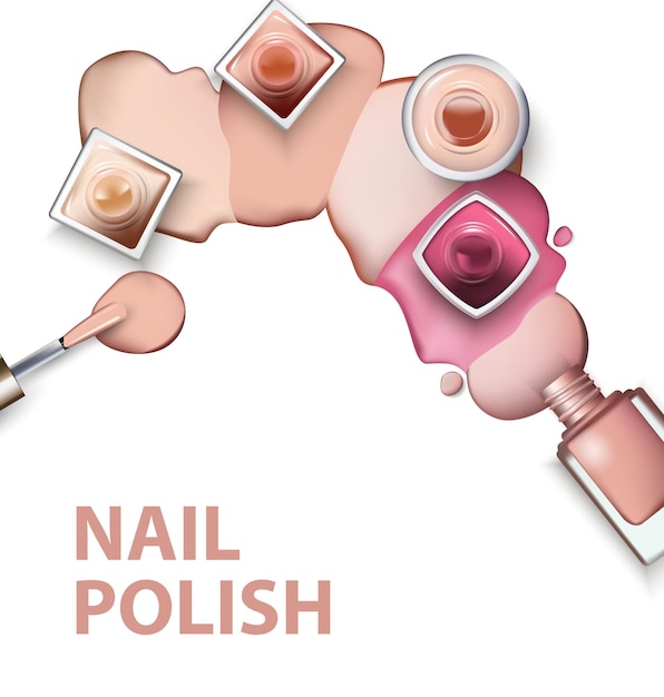 Vector cerca de esmalte de uñas con gotas de esmalte de uñas en tonos pastel claros sobre fondo blanco. perfecto para carteles publicitarios, folletos, revistas. plantilla de vector