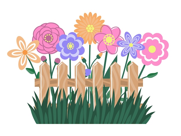 Vector cerca de flores lindas de primavera y estilo de dibujos animados de hierba aislado en la ilustración de vector blanco