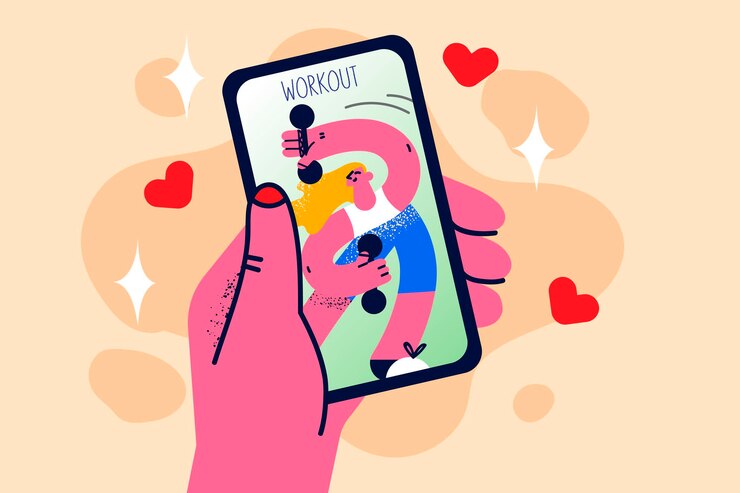 Vector cerca de una mujer sostiene un tren de teléfonos inteligentes en línea con una clase web en el dispositivo. las mujeres hacen deportes entrenan o hacen ejercicio en el teléfono celular. llamada de cámara web con entrenador o entrenador. ilustración de vector plano.
