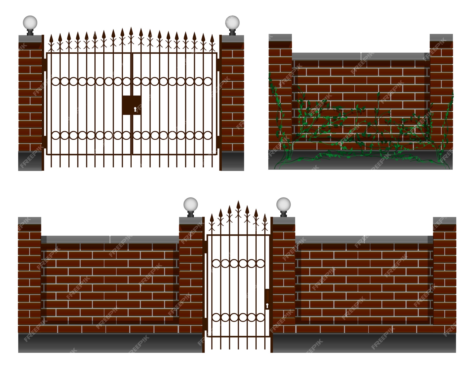 Cercado, entrada con valla de ladrillo, portones de hierro forjado y  portón. para el patio y las casas particulares de la cabaña. | Vector  Premium