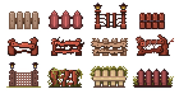 Cercas de madera de píxeles Retro 8 bits juego activo dibujos animados cercas de madera tabla rústica tabla límite jardín de la vieja escuela límite límite vector pixel cercas de madeira conjunto aislado