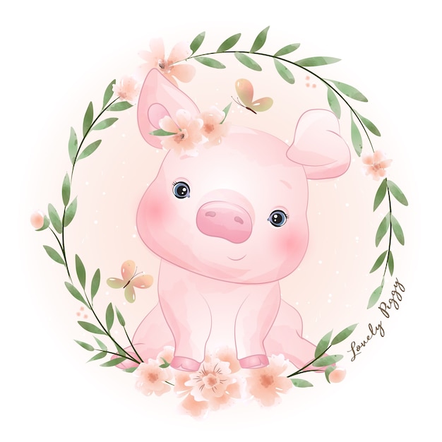 Vector cerdito lindo doodle con ilustración floral