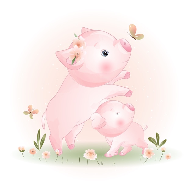 Vector cerdito lindo doodle con ilustración floral