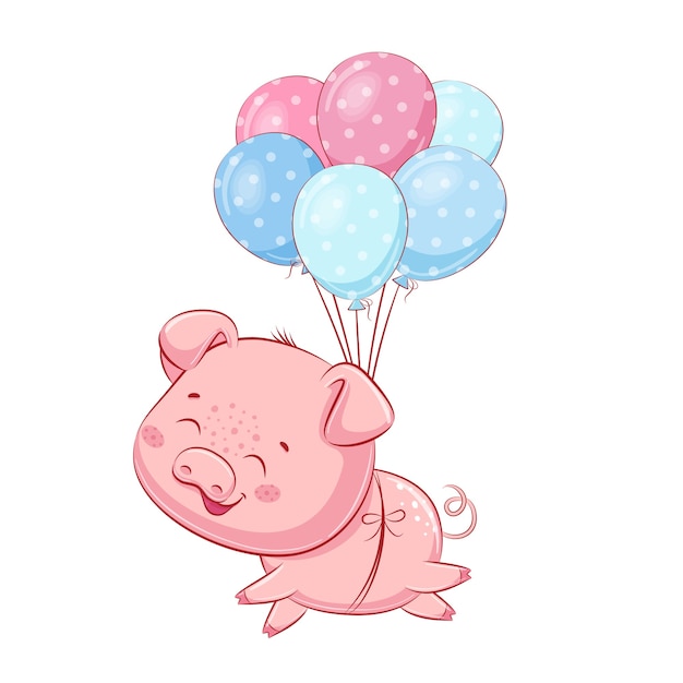 Vector cerdito lindo con globos.