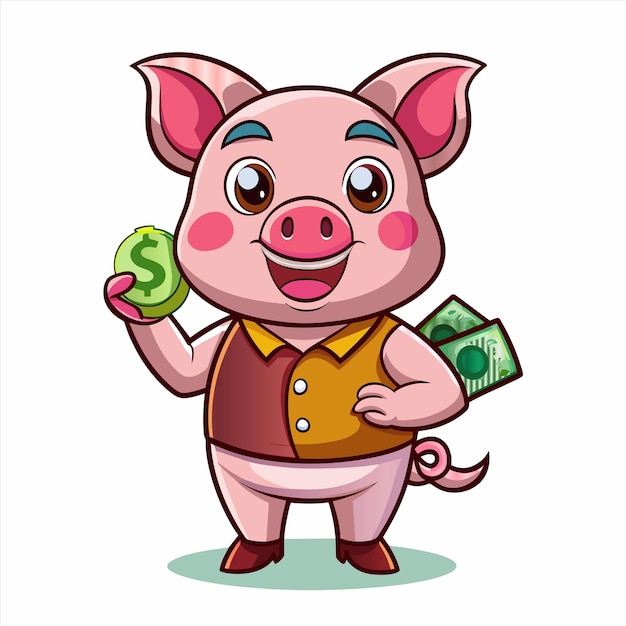 un cerdo con un billete de un dólar y una bolsa de dinero