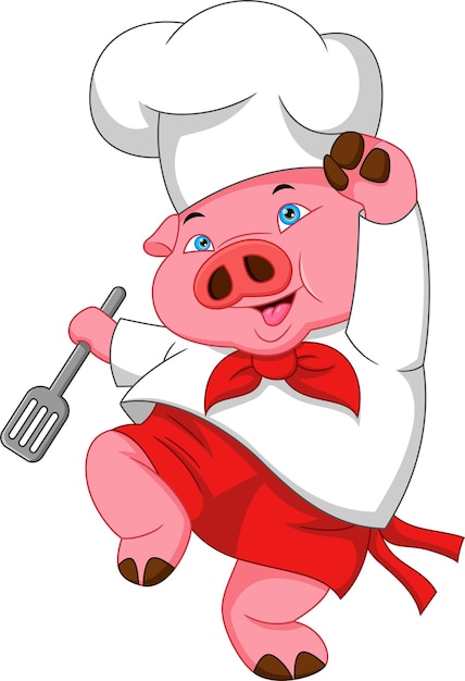 Cerdo de dibujos animados chef posando y sosteniendo una espátula