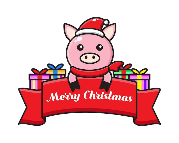 Cerdo de dibujos animados lindo con cinta de felicitación de navidad