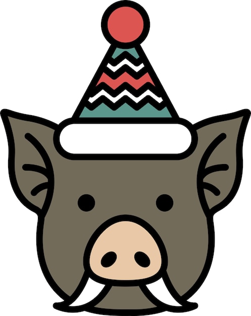 Un cerdo de dibujos animados con un sombrero y un sombrerito de fiesta a rayas rojas y azules