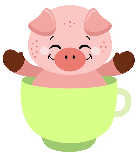 Cerdo feliz dentro de una taza