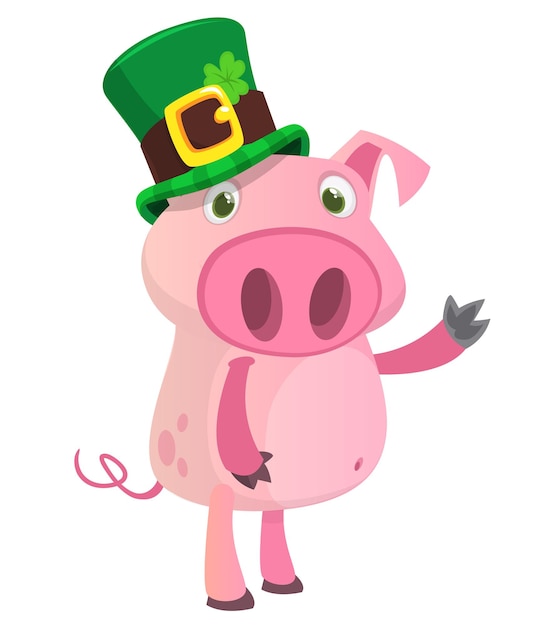 Cerdo feliz de dibujos animados con sombrero de san patricio con un trébol