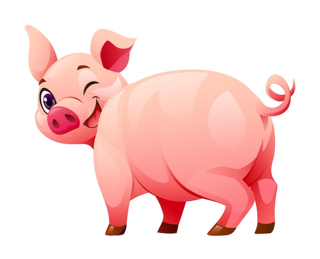 El cerdo feliz de dibujos animados desde la vista trasera Ilustración vectorial aislada sobre fondo blanco