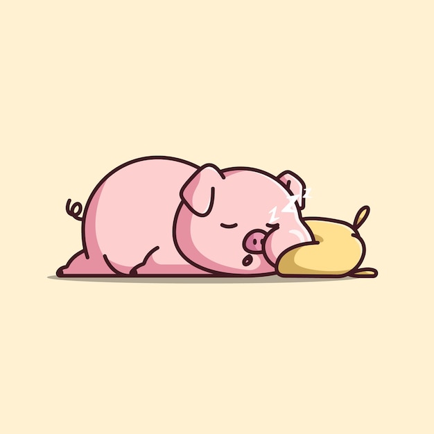 Cerdo gordo de dibujos animados lindo dormir bien con ilustración de vector de almohada suave