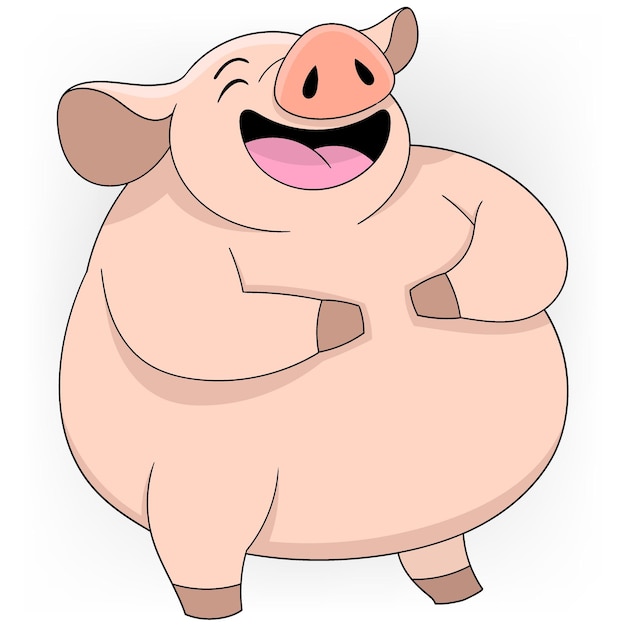 El cerdo gordo rosado está caminando y riendo.