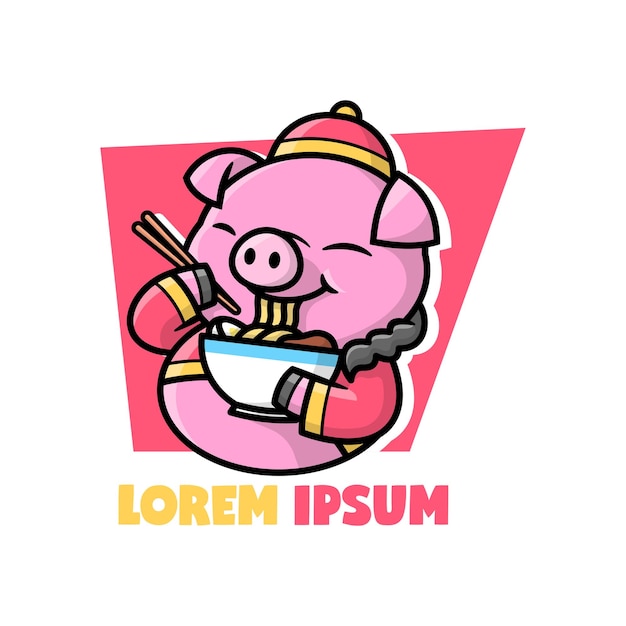Vector cerdo gordo en tela china está comiendo logotipo de la mascota de dibujos animados de fideos