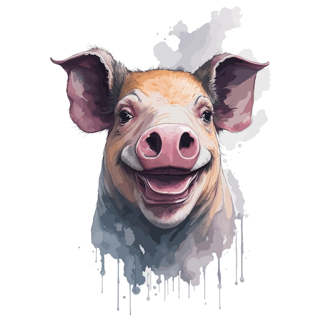Un cerdo con una gran sonrisa está sobre un fondo blanco.