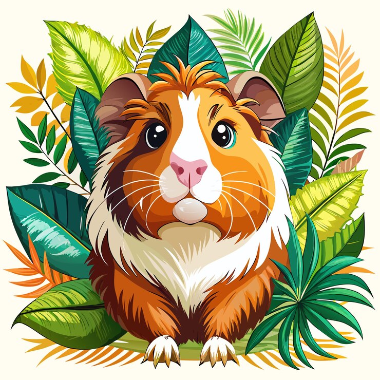 Vector cerdo de guinea abisinia con hojas tropicales en blanco diseño de camiseta de ilustración vectorial