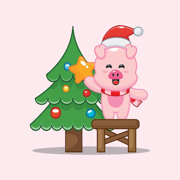 Cerdo lindo con árbol de Navidad en el día de Navidad Ilustración de dibujos animados lindo de Navidad
