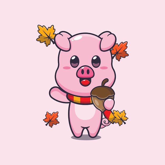 Cerdo lindo con bellotas en la temporada de otoño