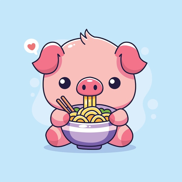 Un cerdo lindo comiendo fideos de ramen