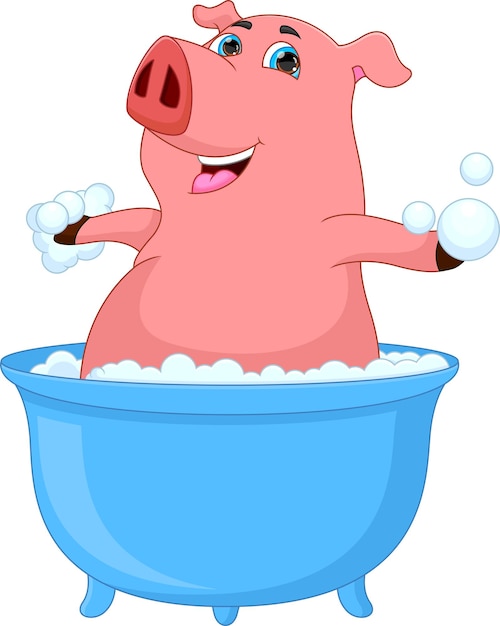 cerdo lindo de dibujos animados bañándose en la bañera