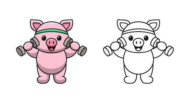 Cerdo lindo con páginas para colorear de dibujos animados con mancuernas para niños