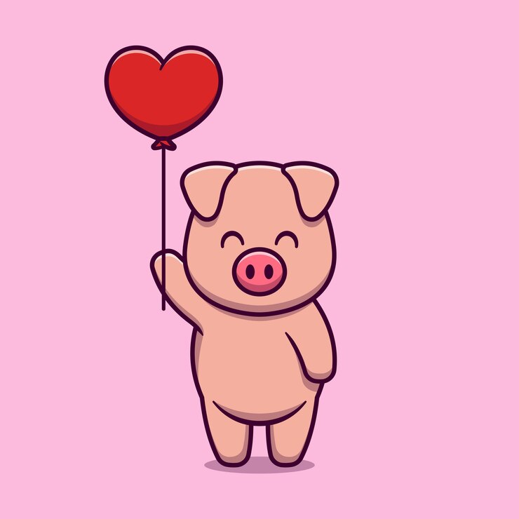 Cerdo lindo que sostiene el ejemplo del icono de la historieta del globo del amor