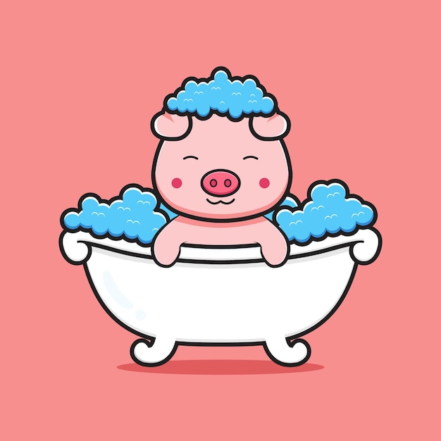 Cerdo lindo tomar una ilustración de icono de dibujos animados de baño. Diseño de estilo de dibujos animados plano aislado