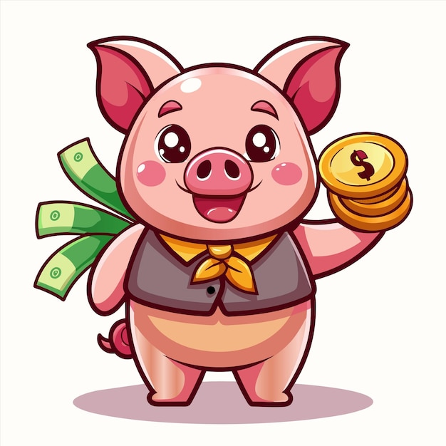 un cerdo con una moneda de oro y una moeda de oro en la mano