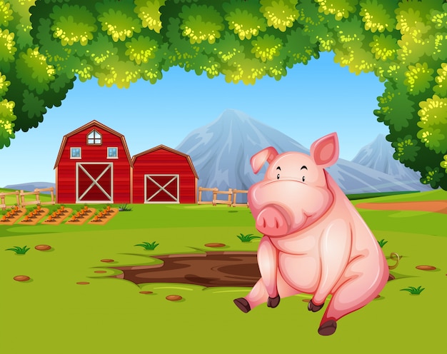 Vector cerdo en el paisaje de tierras de cultivo