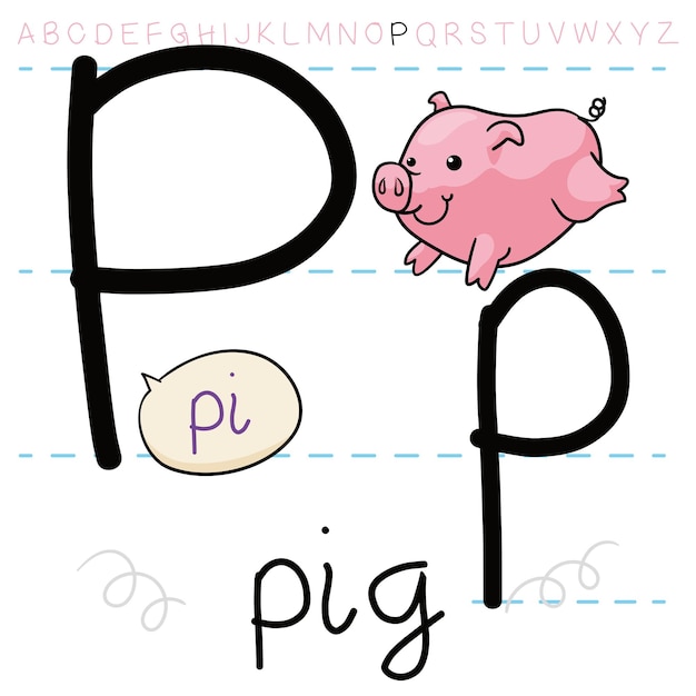Cerdo saltando listo para jugar sobre las letras con la letra 'P' y aprendiendo el abecedario