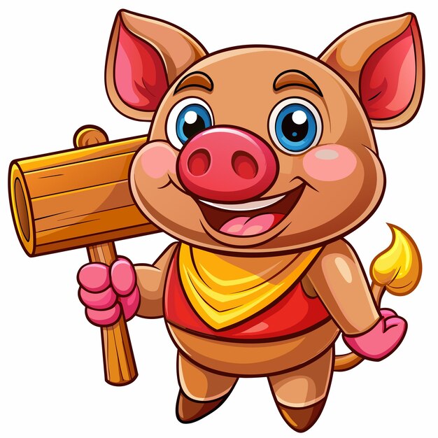 Vector un cerdo sosteniendo un palo de madera con un personaje de dibujos animados sosteniendo una vara de madera