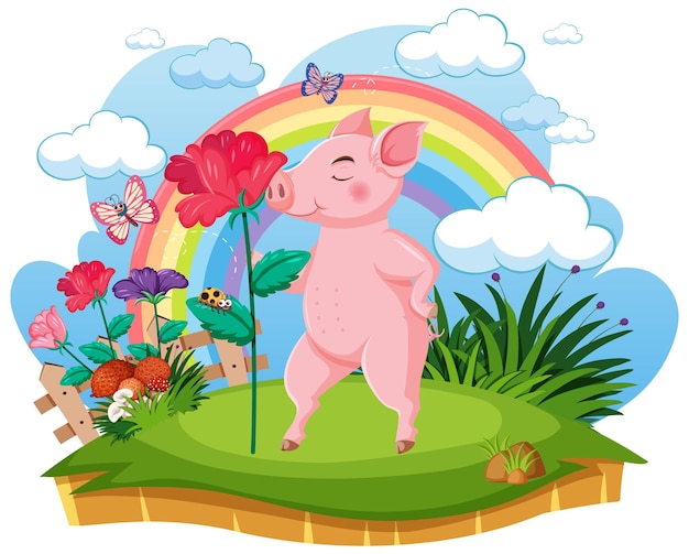 Un cerdo sosteniendo una rosa en la naturaleza.