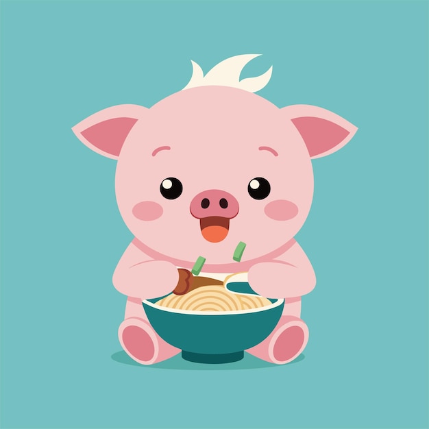 un cerdo con un tazón de comida con una cuchara en él