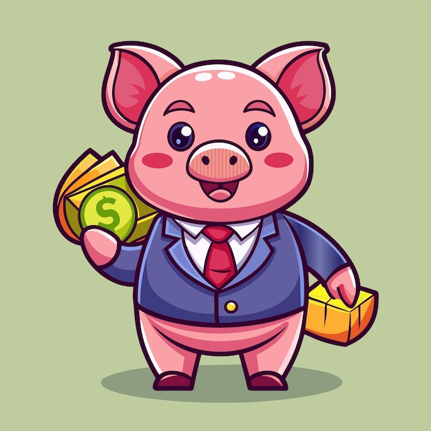 un cerdo con un traje y corbata sosteniendo una bolsa de dinero y una bolsa de money